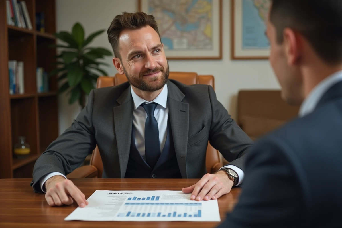Agent immobilier présentant un rapport de tendances du marché à un client dans un bureau chaleureux