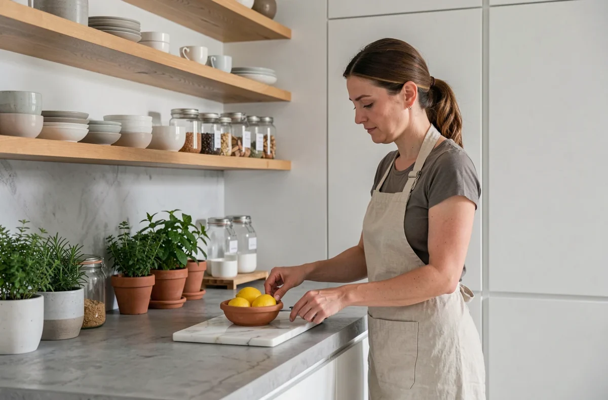 Cuisine moderne avec des armoires blanches matte, des étagères en bois ouvertes et une femme en tablier de lin arrangeant des céramiques sur un plan de travail en béton