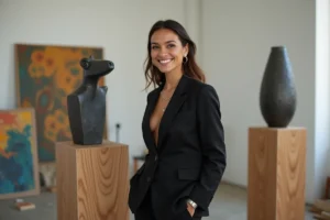 Femme en costume noir dans un studio d'art contemporain