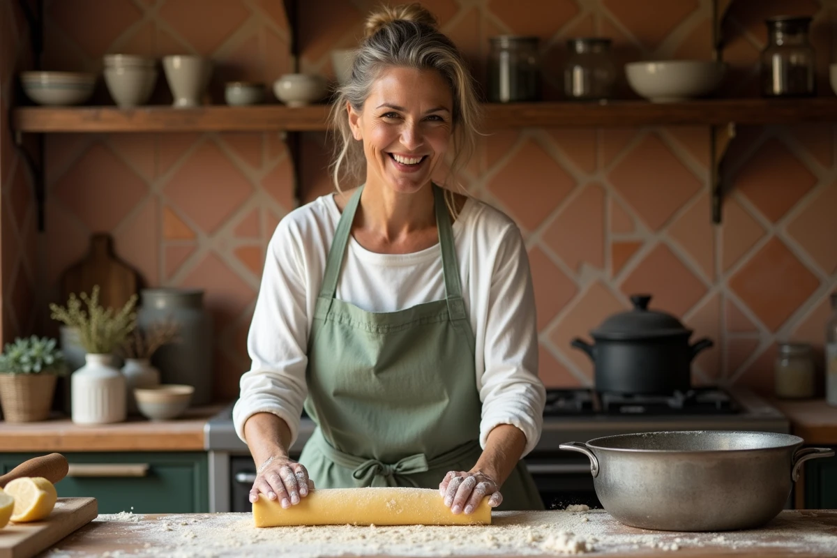 Femme préparant des pâtes fraîches maison dans un atelier culinaire chaleureux avec tablier en lin vert sauge
