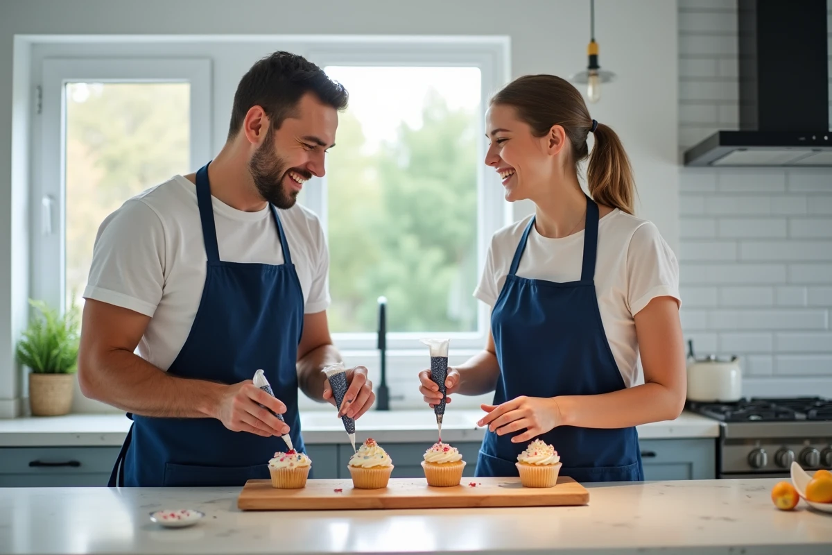 Vader en dochter versieren samen cupcakes tijdens een familie bakworkshop in een moderne keuken