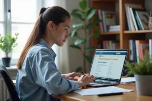 Jeune femme remplissant un dossier de candidature universitaire en ligne sur un portail étudiant depuis son bureau à domicile