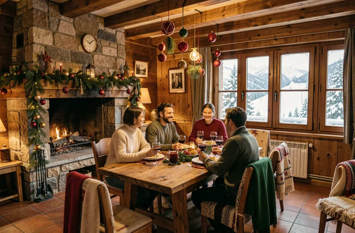 Famille réunie dans un chalet alpin décoré pour Noël aux Menuires avec cheminée en pierre et vue sur les pistes enneigées