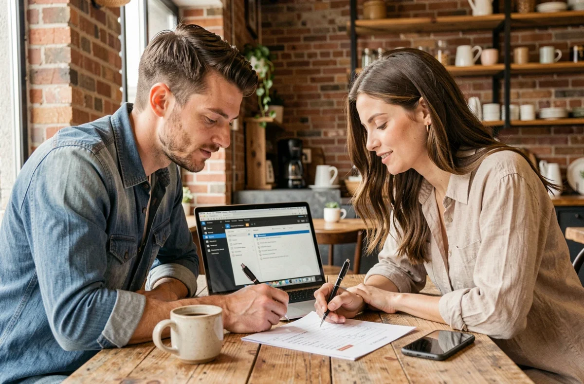 Deux jeunes adultes collaborant autour d'un ordinateur portable dans un café pour explorer des ressources informatiques et outils numériques