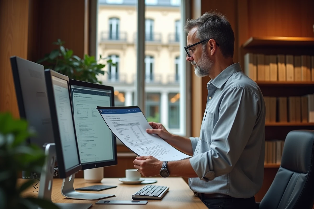 Comptable français consultant le formulaire P2000 dans un cabinet comptable parisien avec double écran