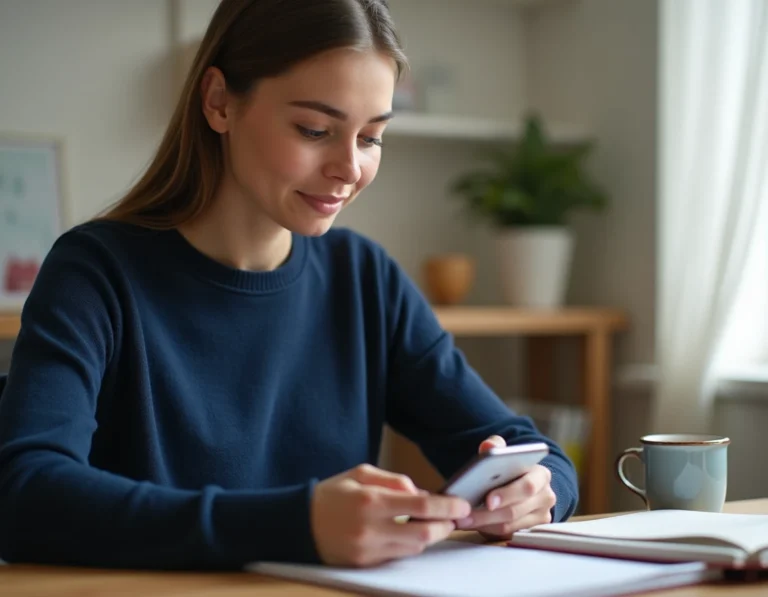 Jeune femme configurant sa messagerie académique ac Dijon sur un smartphone Android dans un bureau à domicile