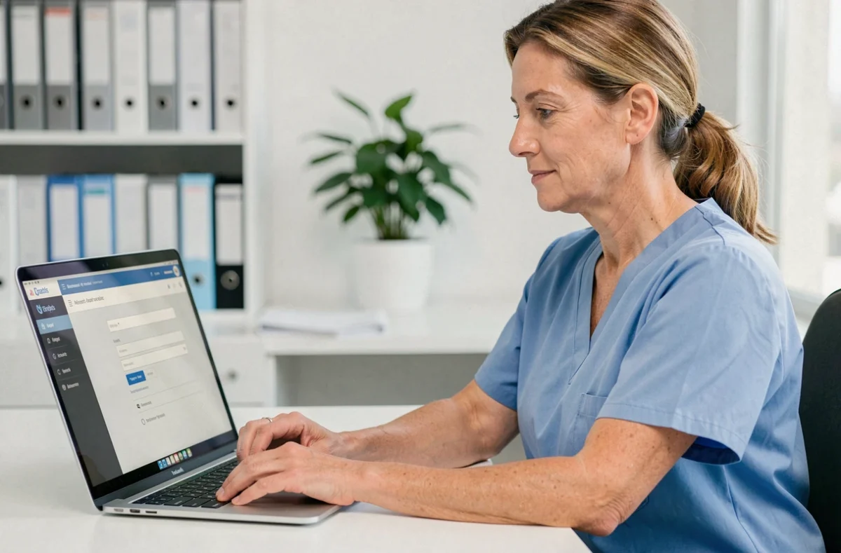 Infirmière se connectant à l'espace Netsoins sur un ordinateur portable dans un bureau médical moderne