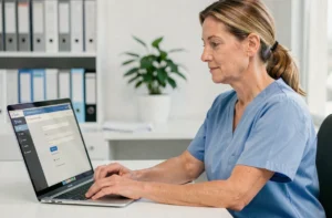 Infirmière se connectant à l'espace Netsoins sur un ordinateur portable dans un bureau médical moderne