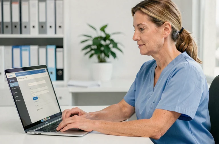 Infirmière se connectant à l'espace Netsoins sur un ordinateur portable dans un bureau médical moderne