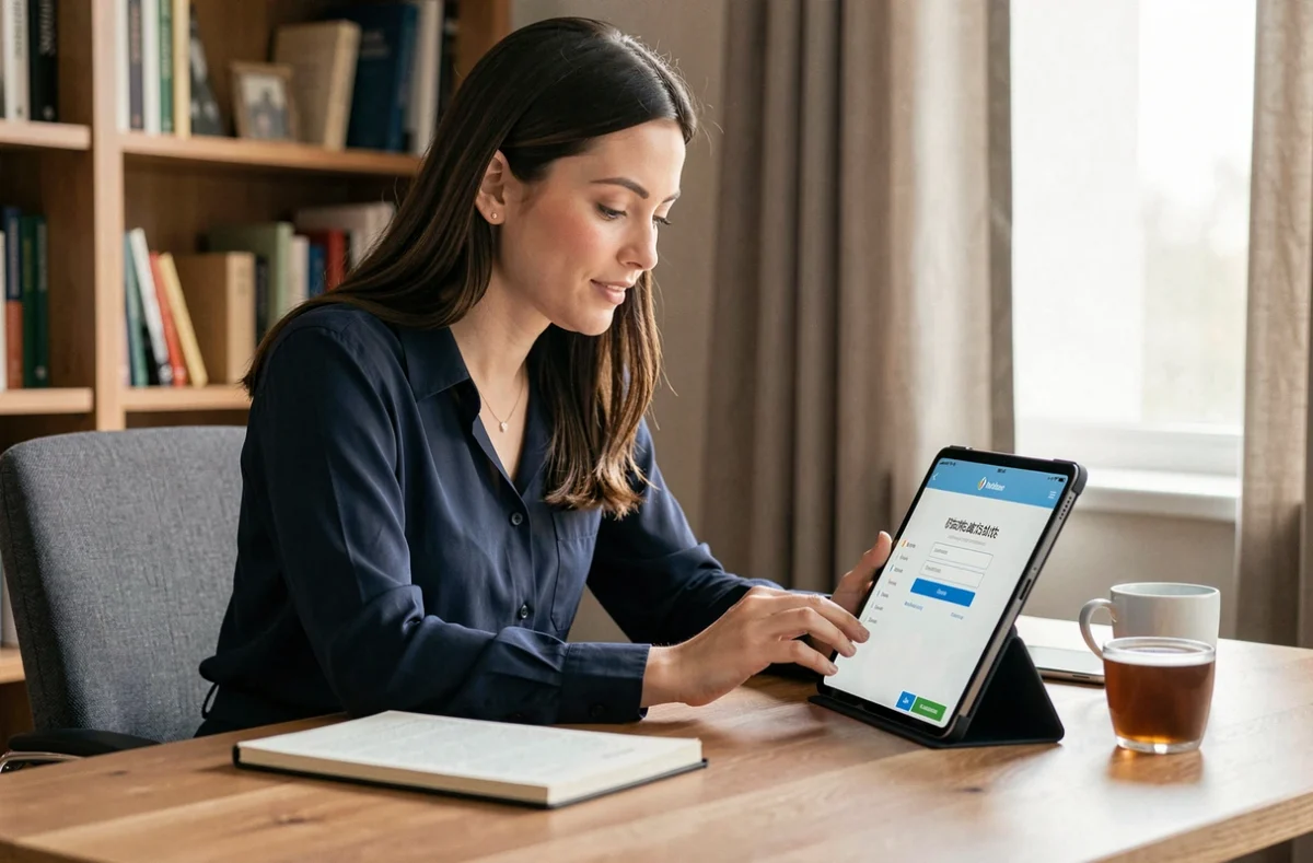 Aide-soignante se connectant à Netsoins depuis son domicile sur une tablette numérique
