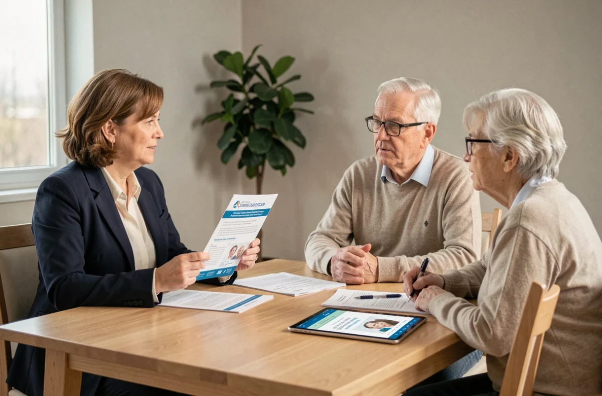 Conseillère expliquant les options de téléassistance à un couple de seniors autour d'une table