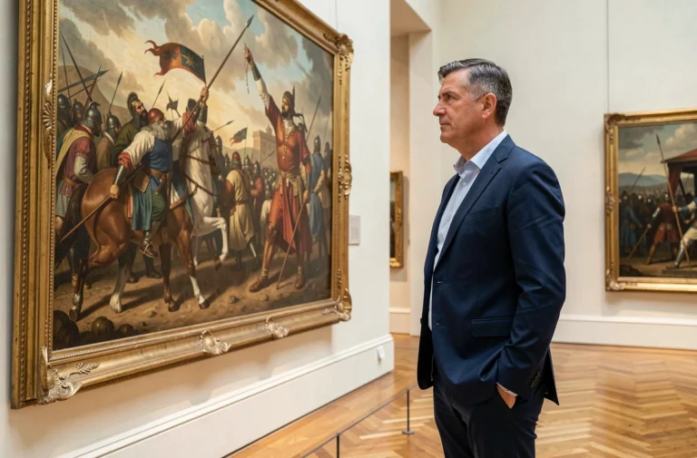Conservateur du Louvre contemplant une grande peinture de conquête militaire dans la galerie Denon