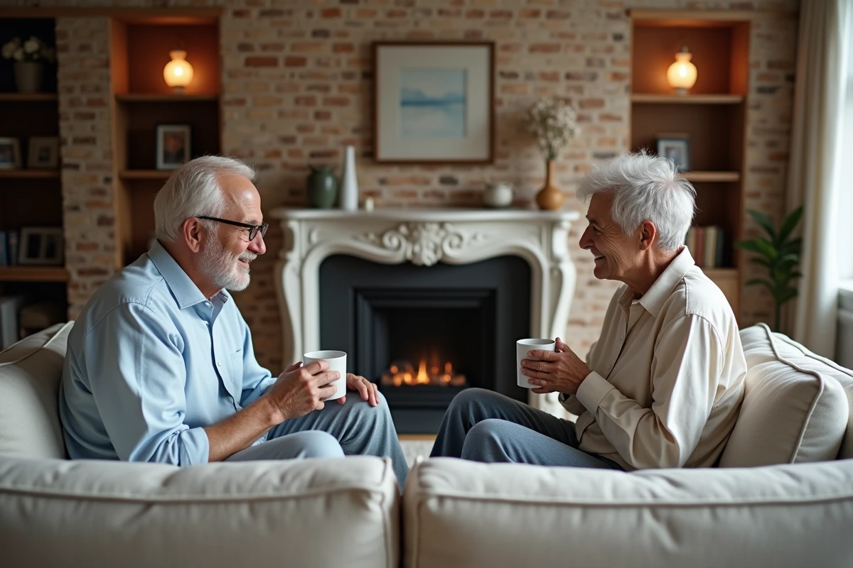 Couple assis sur canapé face à la cheminée modernisée