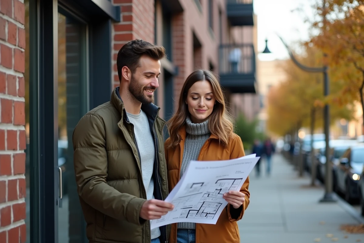 Couple visitant un immeuble d'appartements moderne pour un achat immobilier en ville