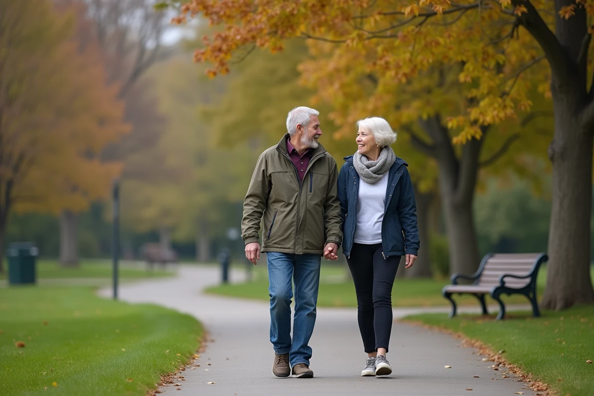 Couple retraité marchant dans un parc en riant