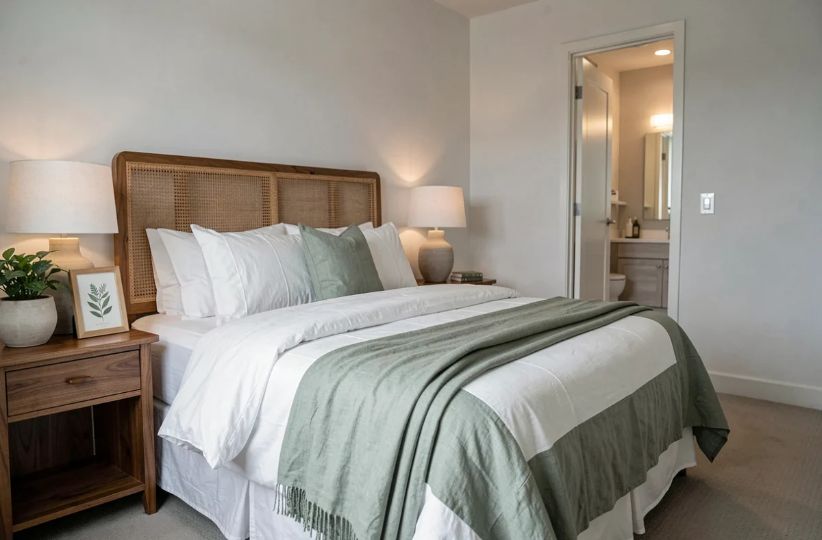 Chambre à coucher cosy avec literie en lin blanc et vert sauge, tête de lit en rotin et tables de chevet en noyer avec plantes et impression botanique