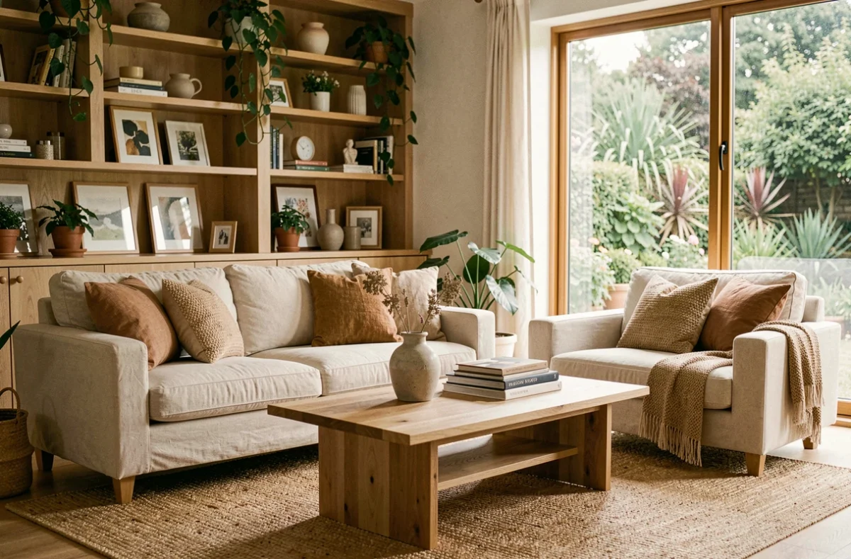 Salon décoré avec un canapé en lin crème, des coussins en tons terreux, une table basse en chêne et des étagères en bois remplies de plantes et d'objets décoratifs