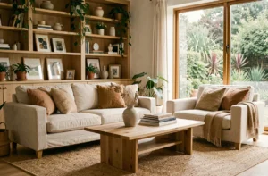 Salon décoré avec un canapé en lin crème, des coussins en tons terreux, une table basse en chêne et des étagères en bois remplies de plantes et d'objets décoratifs