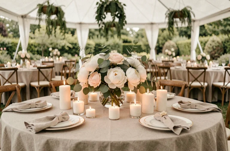 Table de mariage décorée de fleurs blanches et roses blush avec bougies et vaisselle dorée dans un cadre de jardin élégant