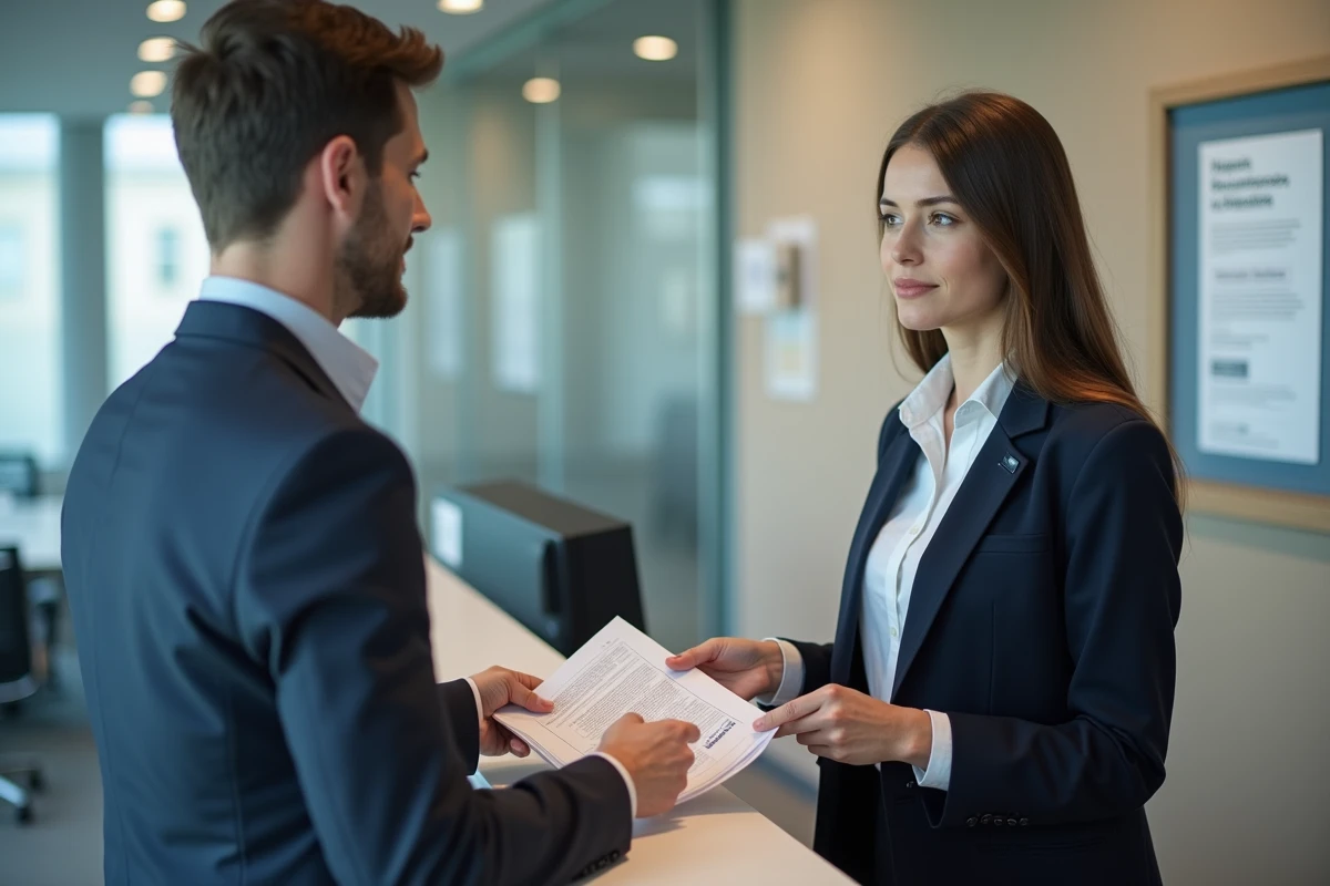 Candidate déposant son dossier de candidature universitaire au bureau des admissions d'une université française
