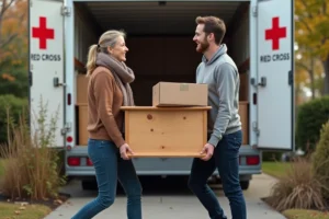 Femme et jeune homme portant une table vers un camion de dons rouge