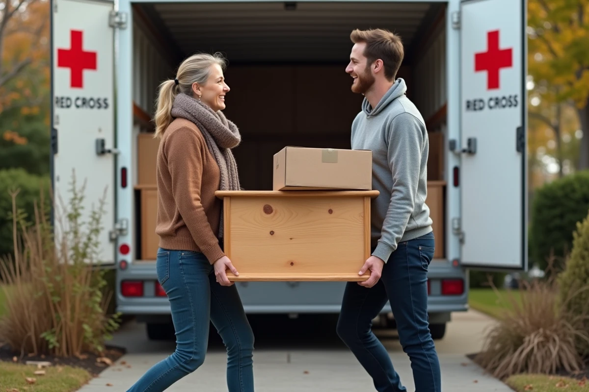 Femme et jeune homme portant une table vers un camion de dons rouge