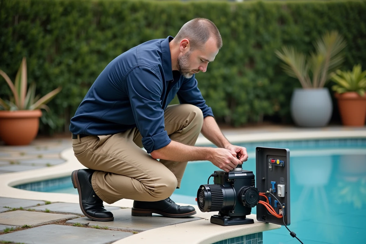Électricien professionnel connectant des câbles électriques à une pompe de piscine résidentielle dans un coffret extérieur
