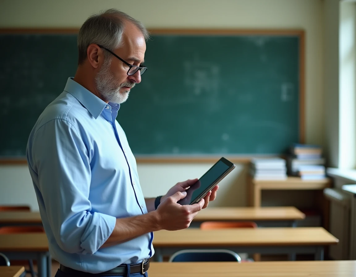 Enseignant configurant sa messagerie académique ac Dijon sur tablette dans une salle de classe