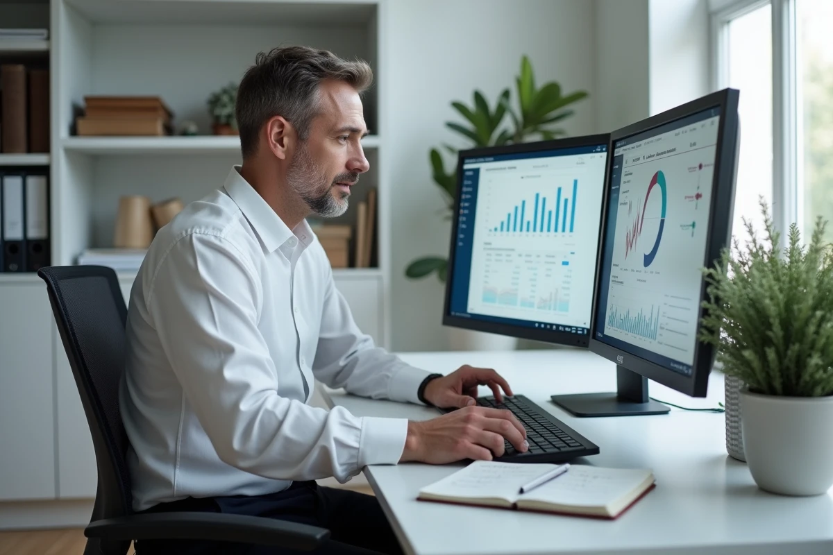 Entrepreneur concentré analysant des logiciels de croissance et des projections financières sur double écran dans un bureau moderne à domicile