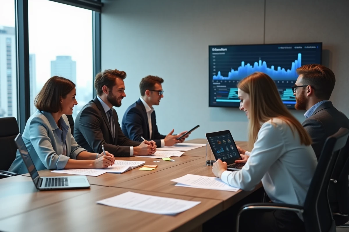 Équipe professionnelle diverse collaborant autour d'une table de réunion avec des outils d'analyse business et des tableaux de bord numériques