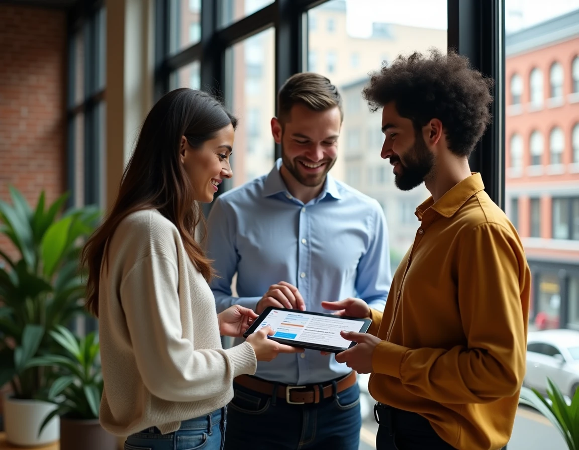 Équipe de gestion locative immobilière collaborant autour d'un tableau de bord numérique en agence