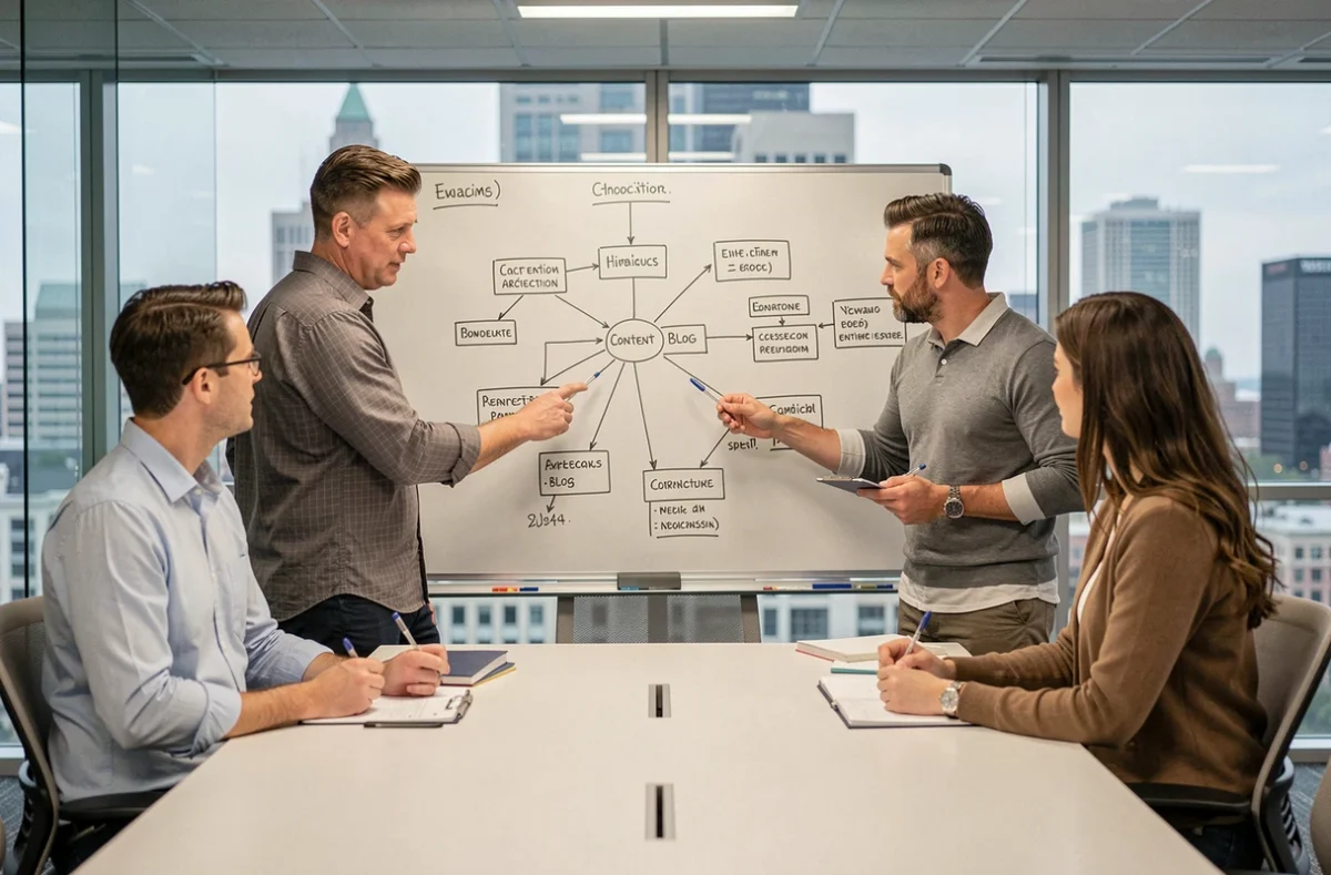 Équipe créative planifiant la structure et le contenu d'un blog d'entreprise sur un tableau blanc en salle de réunion