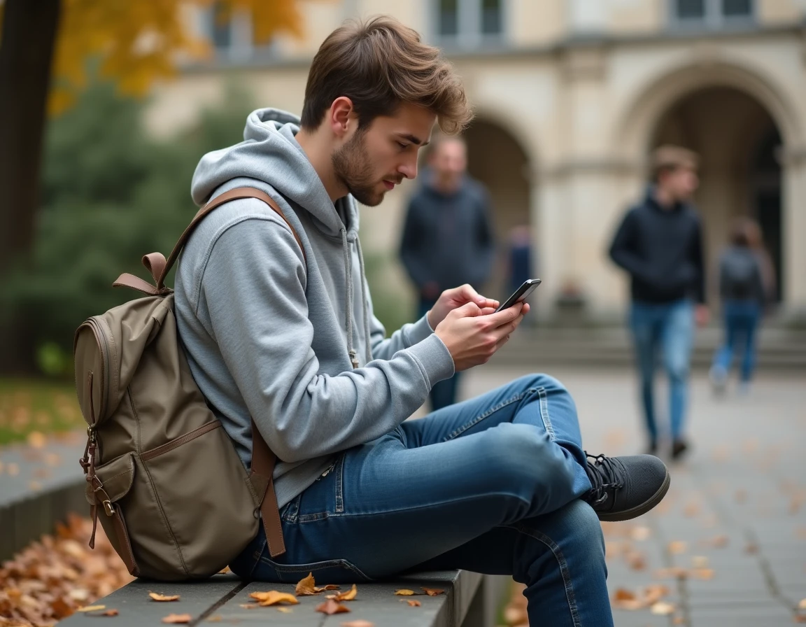 Étudiant configurant son compte mail académique ac Dijon sur iPhone sur un campus universitaire en automne