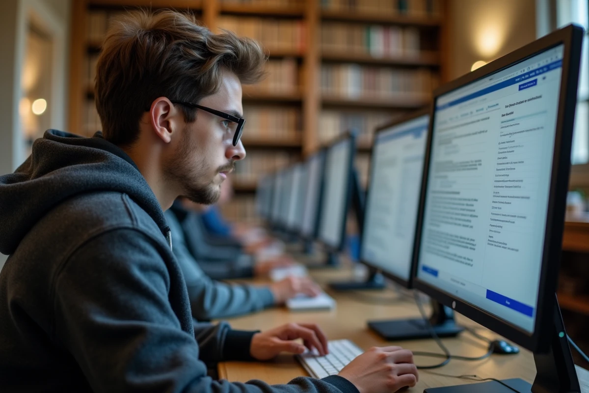 Étudiant consultant le portail ecandidat Besançon depuis une bibliothèque universitaire pour compléter sa candidature