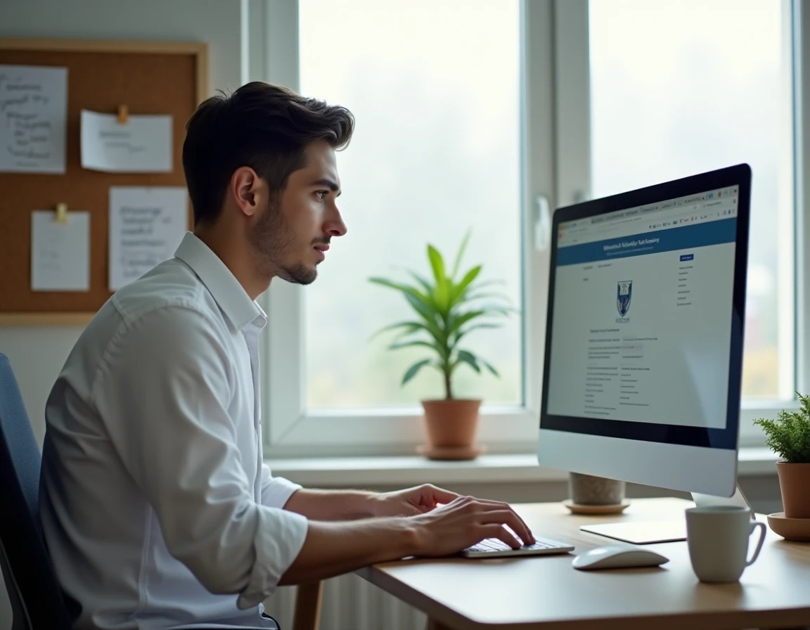 Jeune homme consultant le portail d'inscription eCandidat sur son ordinateur de bureau dans un espace de travail moderne à domicile