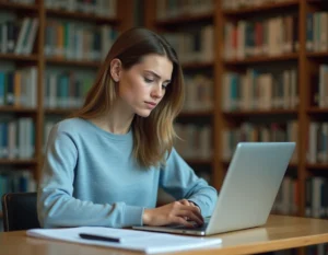Étudiante en train de remplir son dossier d'inscription sur eCandidat Aix-Marseille Université sur un ordinateur portable dans une bibliothèque universitaire