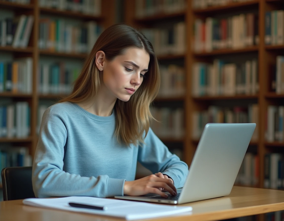 Étudiante en train de remplir son dossier d'inscription sur eCandidat Aix-Marseille Université sur un ordinateur portable dans une bibliothèque universitaire