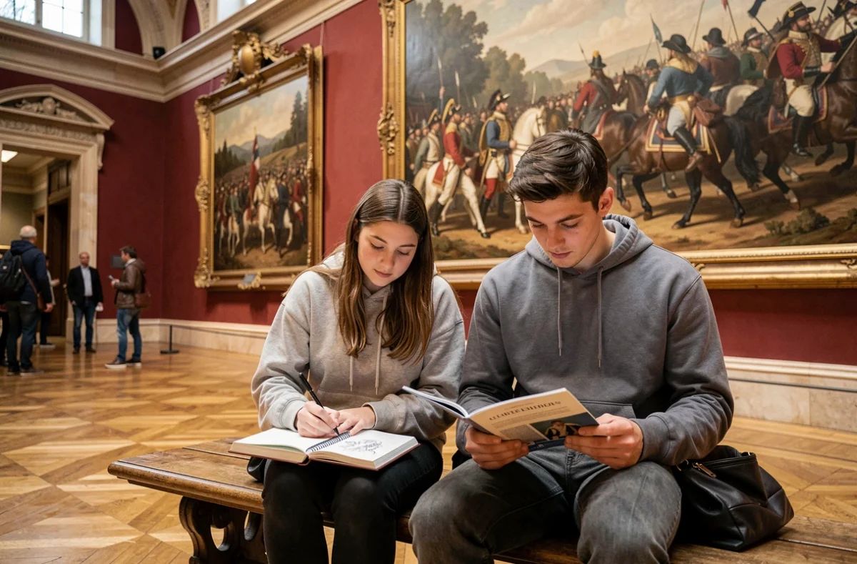 Deux étudiants étudiant une peinture napoléonienne de conquête militaire au Louvre avec un carnet de croquis