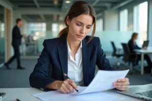 Femme d'affaires française en blazer marine examinant le formulaire P2000 dans un bureau administratif moderne