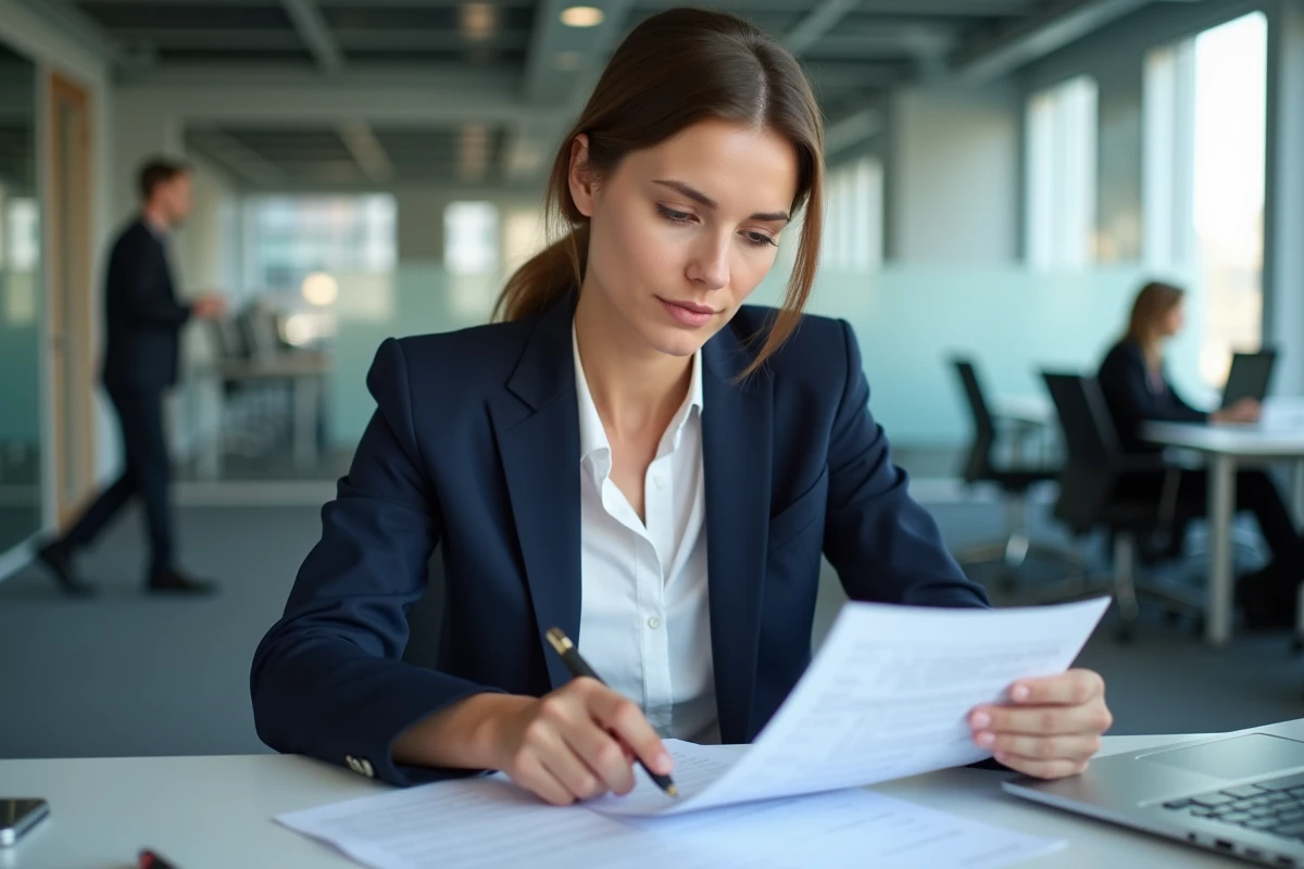 Femme d'affaires française en blazer marine examinant le formulaire P2000 dans un bureau administratif moderne