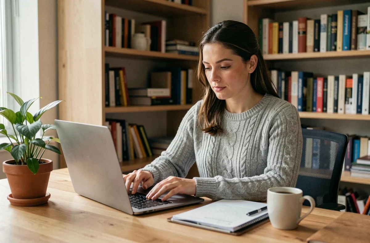 Femme utilisant un ordinateur portable et une tablette dans un bureau à domicile moderne pour optimiser son quotidien numérique