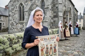 Femme bretonne en costume traditionnel devant une église en granit lors d'un festival culturel en Bretagne