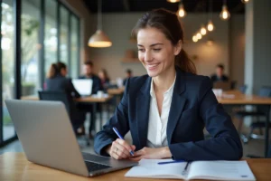 Femme professionnelle en coworking regardant un cours en ligne