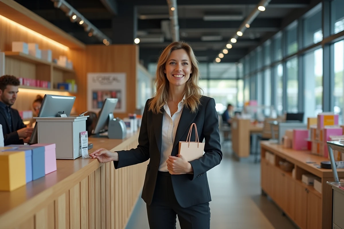 Employe Loreal payant ses achats dans le magasin