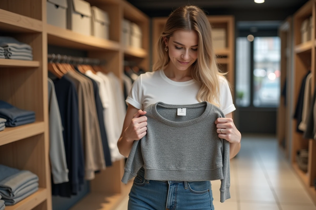 Femme consultant une étiquette de taille M sur un pull gris dans une boutique de vêtements moderne