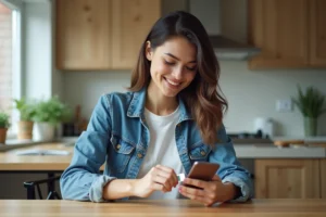 Jeune femme insérant une carte SIM dans son smartphone