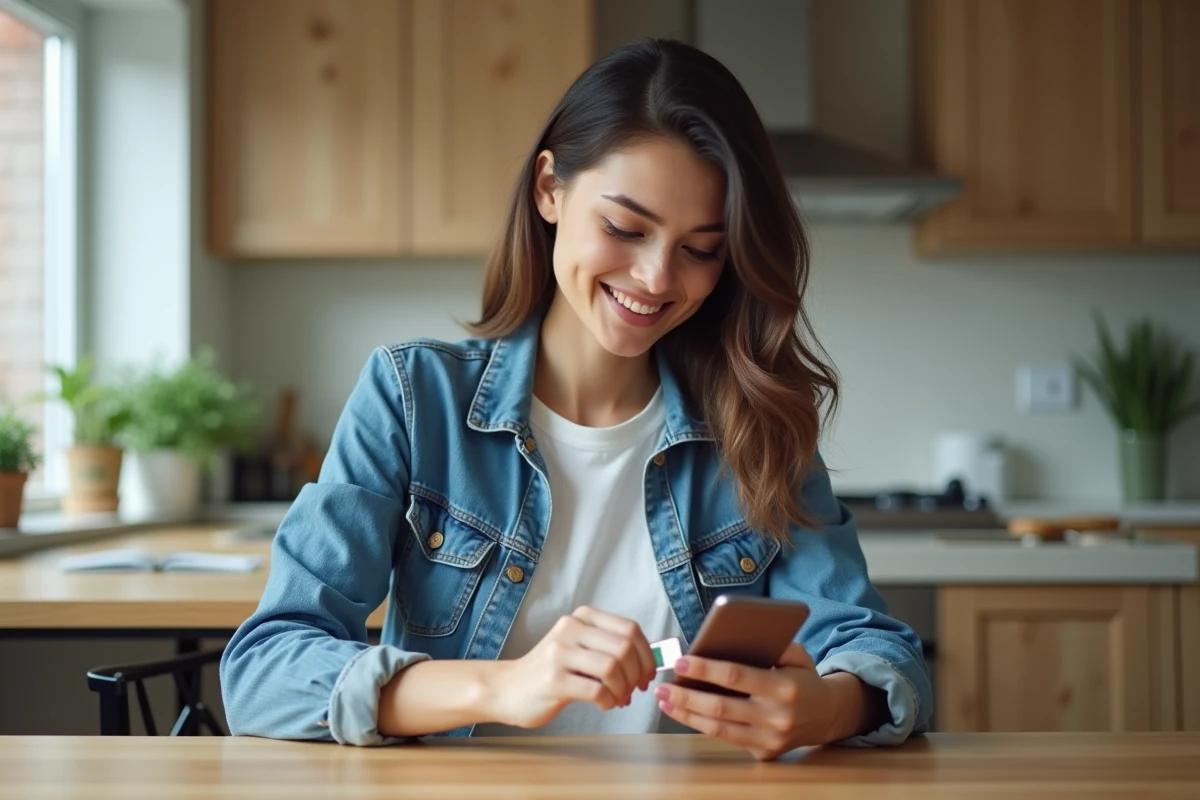 Jeune femme insérant une carte SIM dans son smartphone