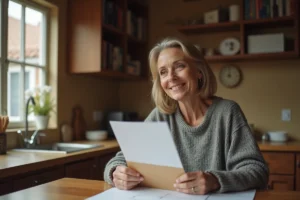 Femme réfléchissant avec papiers dans la cuisine chaleureuse