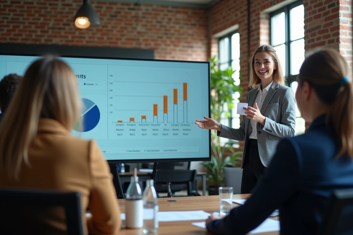 Jeune femme présentant des analyses sur un grand écran en réunion