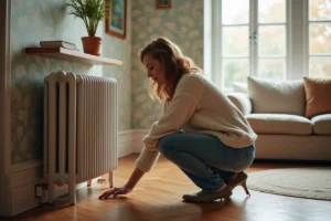 Femme en pull laine et jeans près d'un radiateur ancien